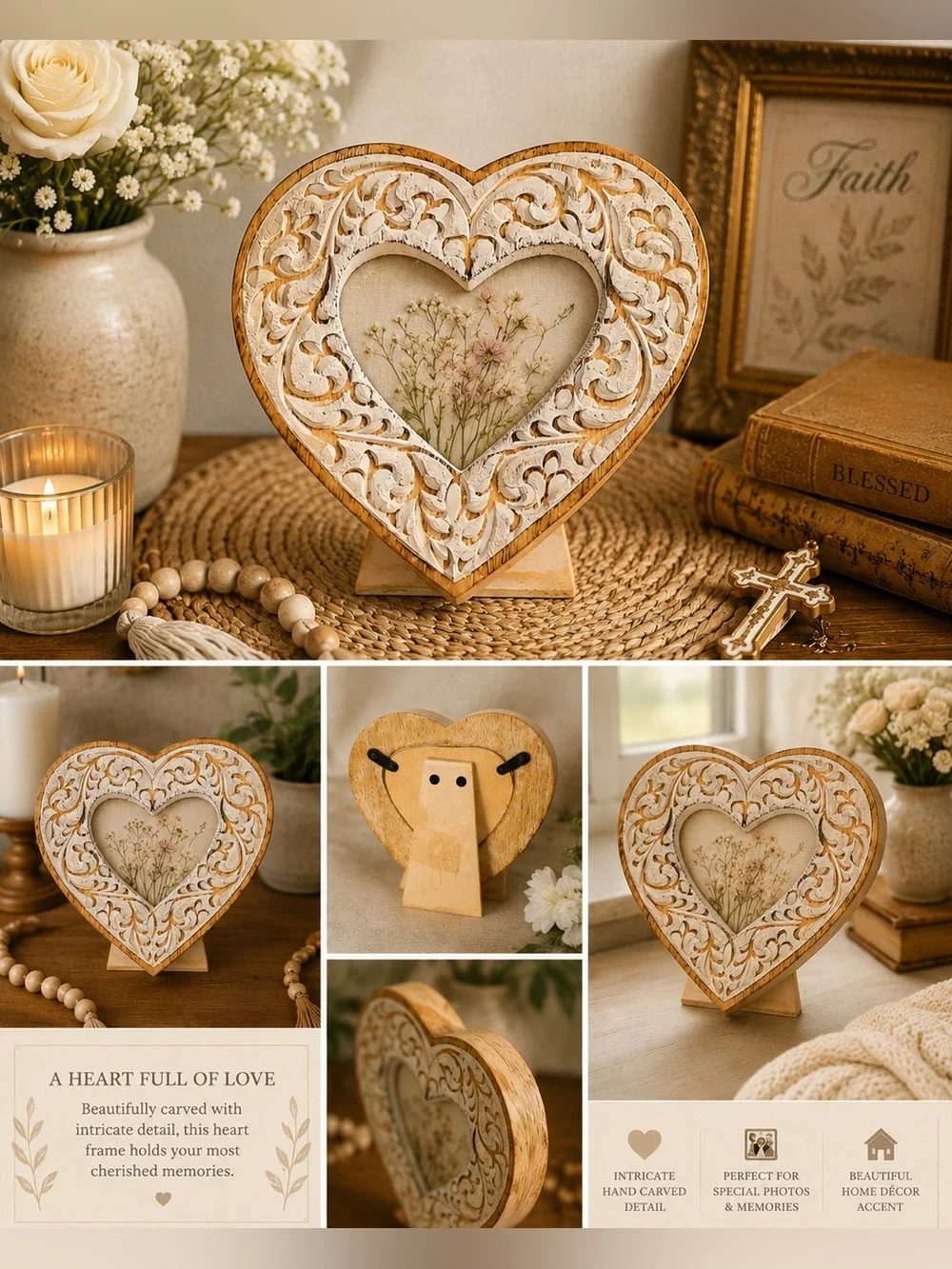 Carved Wood Heart Picture Frame Distressed White Cottagecore Romantic Decor